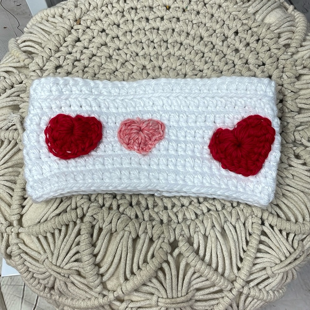 Handmade crochet ear warmer head band white with hearts